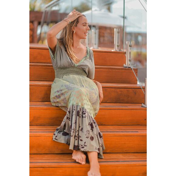 Floral Green Maxi Dress by T. ZOVICH Mixed Media Smocked Waist Crochet Trim - Picture 5 of 12